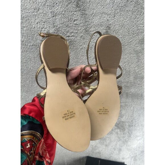 Steven Steve Madden Women’s 7 Box Gold Leather Thong Strappy Slingback Sandals - Picture 3 of 7